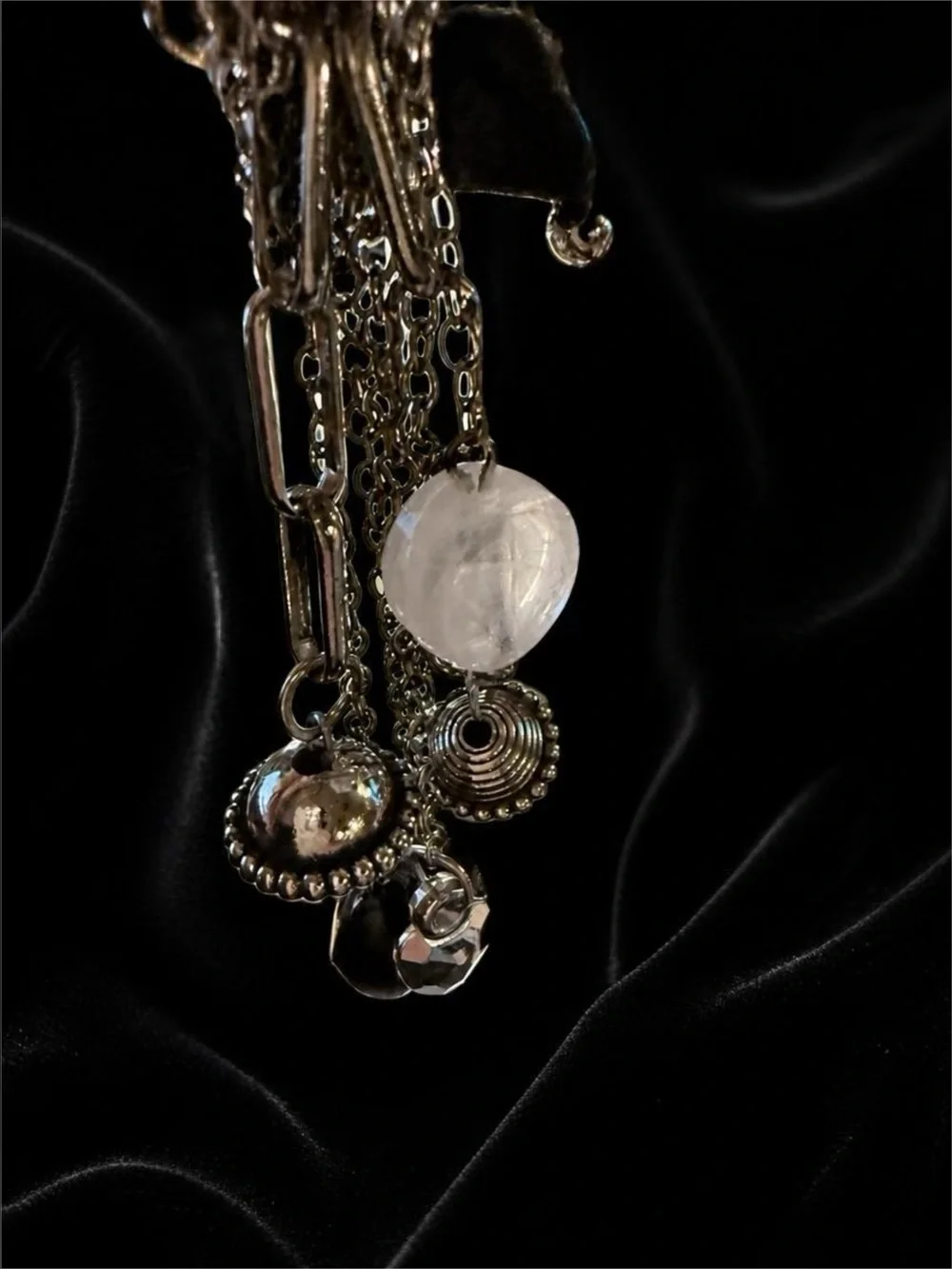 Acrylic Beaded Stretch Bracelet with Dangles in Black White and Gray